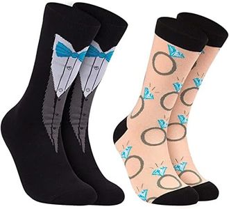 dierjueyers 2 Pairs Bride and Groom Wedding Socks - Novelty Tuxedo and Diamond Ring Designs, One Size (US, Alpha, One Size, Regular, Regular, 2, black)