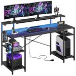 Bestier 140 CM Computer Desk with Power Outlets & LED Lights with Monitor Shelf Gaming Desk with Shelves Writing Desk with Storage Office Desk &Workstation for Home Office Bedroom