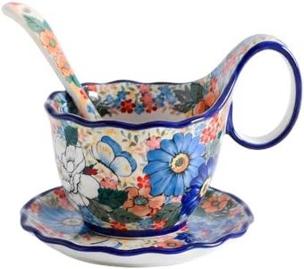 ALMA 16oz Microwave Safe Soup Bowl Set with Handle,Matching Spoon & Saucer