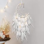 Dremisland Moon Dream Catcher with Fairy Lights Handmade White Turquoise Pendant Wall Hanging Ornament for Home Bedroom Wall Decoration Craft Gift (White)