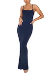 REORIA Women's Sexy Casual Lounge Slip Long Dress Elegant Wedding Guest Sleeveless Backless Ribbed Bodycon Maxi Dresses Navy Blue X-Small