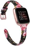 TOYOUTHS Leather Strap Compatible with Fitbit Versa/Versa 2 Bands Women Men Slim Genuine Leather Wristbands Replacement for Versa Lite Edition/Versa SE Classic Accessorie (Black/Pink Floral)