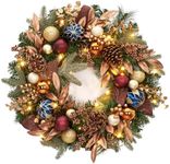 GarveeHome 24 Inch Pre-Lit Christmas Wreaths for Front Door, Battery Operated Christmas Wreath Decor, Holiday Xmas Wreath with Lights, Pine Cones, Berries, Ball Ornaments, Leaves, Gold