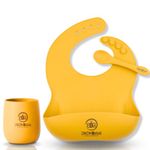 ZoZoBaa Silicone Baby Drinking Cup, Baby Bib & Spoon| Multipurpose Easy Grip Tiny Cups for Infant’s First Stage Training | Bpa-Free, Unbreakable, Feeding Set for Toddlers Pack of 3 (Mango Yellow)