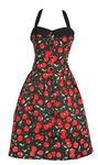 Ladies 1950s Dress - Black Sleeveless Rockabilly Dress with RED Cherry Pattern - Womens 50s Retro Rock N ROLL Fancy Dress Costume Outfit (Small/Medium)