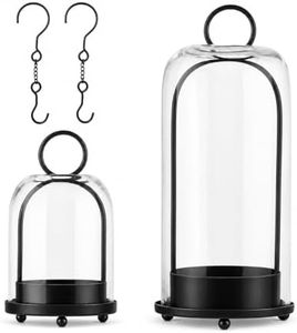 Hurricane Glass Candle Holders in Antique Brass, 5" & 4" Wide Gold Vintage Metal Candlesticks Holders for Pillar Candle Lantern with Handmade Thick Glass Dome, Industrial, Modern Home Decor (Black)