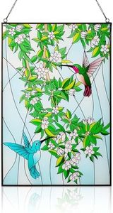 Soaoo 15" x 10" Hummingbird Stained Glass Window Hanging,handcrafted Big Suncatcher Bird Flowers Glass Panels Rectangular Decor,christmas for Mom Grandma Gift