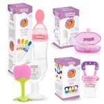 Toddley Silicone Food & Fruit Nibbler Pacifier 1 Pcs with 1 pcs Spoon Feeder and 1pcs Fruit Teether, 1pcs Finger Brush for Infant Baby for 6+ Month Baby (4 Piece Combo Set) (Pink)