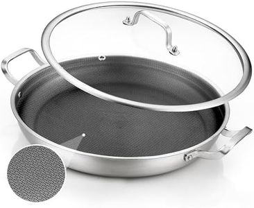 DELARLO Paella Pan 14 Inch Tri-Ply Stainless Steel Paella Pan with Lid Nonstick Frying Pan, Hybrid Induction Large Skillets,Great for Paella Parties Indoors Outdoors,Heavy Duty Style