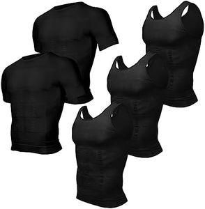 Odoland 5 Pack Men's Compression Shirt Short Sleeve Vest Set, Body Shaper Tummy Slimming Shapewear Tank Top Base Layer for Sport,3 Black Tank Top and 2 Black Short Sleeve,XXXL