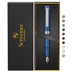 Scriveiner Luxury EDC Fountain Pen (Medium), Stunning Matt Blue Pocket Pen, Chrome Finish, Schmidt German Nib, Converter, Best Writing Pen Gift Set for Men & Women, Nice Fancy Office Designer Pen