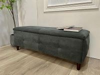 Panana Padded Toy Box Storage Bench Ottoman Foot Stool，Upholstered Ottoman Pouffe Stool Change Shoe Footrest Wooden Legs， Grey Linen Fabric