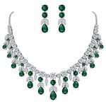 BriLove Women's Wedding Bridal CZ Cluster Leaf Teardrop Statement Necklace Dangle Earrings Set Emerald Color Silver-Tone