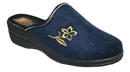 footloose.shoes Ladies Womens Fleece Helen Comfort Warm Velour Embroidered House Slip On Wedge Mules Slippers Shoe Sizes 3-8 (Navy Helen, UK Footwear Size System, Adult, Women, Numeric, Medium, 6)