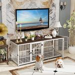 Heavy Duty Dog Crate Furniture: 60inch Pet Wooden Side Table Kennel House with Three Doors and Removable Tray - Indoor Chew Resistant Modern Doggie Wire Crate with Wood Topper for Dogs White