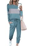 PRETTYGARDEN Women's Color Block 2 Piece Tracksuit Crewneck Long Sleeve Tops Long Sweatpants Outfits Lounge Sets(Blue,Large)