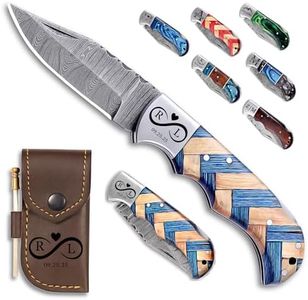 Custom Pocket Knife gifts for Men, Personalized Damascus Folding Knife, Engraved Gifts for Him, Dad, Boyfriend, Husband, Anniversary, Groomsmen Gifts. Custom Knife for Camping Hunting Everyday Carry (Olive Blue)