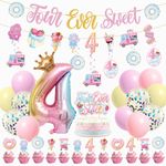 JUYRLE Four Ever Sweet Birthday Decorations Girl, 4th Birthday Decorations Include Ice Cream Donut Banner Cake Toppers Hanging Swirls Latex Foil Balloons, 4 Year Old Birthday Decorations