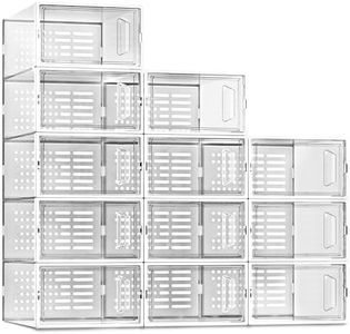 SEE SPRING Large 12 Pack Shoe Storage Box, New Clear Plastic Stackable Shoe Boxes, Shoe Organizer for Closet, Space Saving Foldable Sneaker Shoe Rack Containers Bin Holder(Clear)