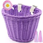 Mkuero Kids Bike Basket, Waterproof Plastic Woven Children Bicycle Basket, Suitable for Most Children's Bicycles and Kids Tricycles (Purple)