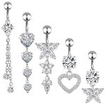 Invalidism 5 Pcs Belly Button Bars,Stainless Steel Belly Bars Sterling,Flower Butterfly Tassel Heart Navel Rings,Hypoallergenic Belly Button Piercing Jewellery