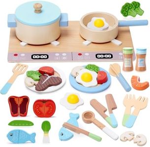 Teneytoyz Juguetes de Cocina para Niños Accesorios, 27 Piezas Utensilios de Cocina al Aire Libre, Juego de Ollas y sartenes de Madera, Vegetales para Cortar, Juego de rol para Niños Mayores de 3 Años