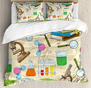 Kids Duvet Cover Set Queen Size by Ambesonne Science Education Lab Sketch Books Equation Loupe Microscope Molecule Flask Print Decorative 3 Piece Bedding Set with 2 Pillow Shams Multicolor