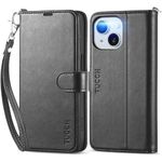 TUCCH Case Wallet for iPhone 15, [Wrist Strap] RFID Blocking 4 Card Slots Kickstand [Shockproof TPU Shell], PU Leather Magnetic Flip Cover Compatible with iPhone 15 5G 6.1" 2023, Black with Wristlet