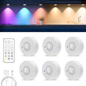 MERTTURM Rechargeable RGB Puck Light, USB Wireless LED Cupboard Light, Battery Operated Shelf Display Cabinet Light, Dimmable Stick on Wall Light with Remote Control/Timer for Wardrobe/Kitchen-6 Pack