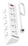 OLKIEQZ PEGANT 10 Way Power Extension Cord Surge Protector Strip Heavy Duty Universal Electrical Socket 5X USB-A 1x USB-C PD 30W Total 2M Cable (2M)