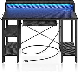 Rolanstar Computer Desk 47 inch with LED Lights & Power Outlets, Carbon Fiber Surface Black Desk with Storage Shelves, Home Office Desk with Keyboard Tray & Monitor Stand, Work Desk for Home Office