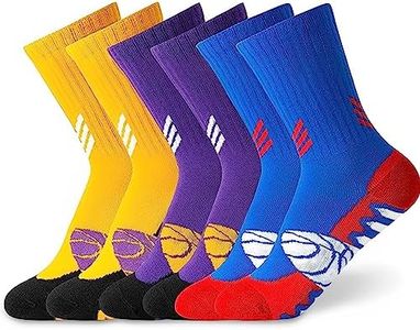 HYCLES Kids Basketball Socks 3 Pairs for Boys and Girls 6-16 Years Youth Soccer Football Rugby Socks Young Athletes Premium Quality, Moisture-Wicking, and Durable, 01#yellow+purple+blue, 13-16 Years