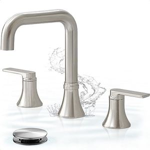 HOIGY Brushed Nickel 8 Inch Widespread Bathroom Faucet, 360 Degree Swivel Bathroom Sink Faucet 3 Hole, 2 Handles with Pop-Up Drain & Water Hoses for Lavatory Vanity