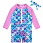 TUPOMAS Toddler Baby Girls Swimsuit UPF 50+ Rash Guard One Piece Zipper Swimwear Long Sleeve Bathing Suit 6-36 Months, A00-mermaid, 12-18 Months