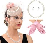 Ibeauti Fascinator Hats with Screentouch Lace Gloves Set for Women Tea Party Cocktail Wedding Derby Headwear Short Gloves (01 Light Pink)