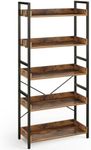 Rolanstar Bookshelf 5 Tier with 4 Hooks, Industrial Wood Bookcase, Vintage Storage Rack with Open Shelves, Rustic Standing Bookshelves Display Rack for Living Room, Bedroom, Rustic Brown