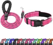 LIEVUIKEN Reflective Dog Collar and Leash Set with Safety Locking Buckle, Adjustable Soft Breathable Comfortable Nylon Pet Collar for Small, Medium and Large Dogs(Collar+Leash XS Neck 8"-12" Hotpink)