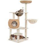 Yaheetech Cat Tree, 137.5cm Modern Cat Tower Rattan Cat Tree w/Wicker Condo, Acrylic Clear Bowl, Detachable Cushions, Scratching Posts, Cream Cat Tree Activity Centre for Indoor Cats