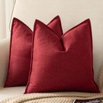 Yaertun Pack of 2 Decorative Linen Soild Throw Pillow Covers Farmhouse Neutral Cushion Covers Pillowcase for Chair Couch Sofa Bedroom Living Room Home Decor 24 x 24 Inch Wine red