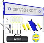 Volleyball Net and Badminton Set Combo, 32/26/20FT Width & Height Adjustable Outdoor Net System for Backyard Beach with 4 Aluminum Rackets, 2 Goose Feather Shuttlecocks, PU Volleyball & Carrying Bag