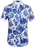 SSLR Men's Cotton Button Down Short Sleeve Hawaiian Shirt - Blue - S