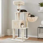 Heybly Cat Tree, 49.2 Inches Cat Tower for Indoor Cats, Spacious Cat House Condo with Hidden Space, Sturdy Steel Tube, Soft Plush Top Perch, Cozy Hammock & Sisal Scratching Posts, Beige HCT200SM