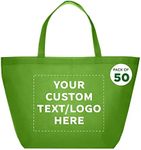 DISCOUNT PROMOS Custom Southern Style Grocery Tote Bags Set of 50 - Personalized Bulk Pack, Reusable Grocery & Shopping Bags - Great for Travel, Business Promotions - Lime Green - 20"X13"X8"