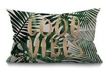 BGBDEIA Palm Leaf Cushion Cover 12x20 Inch Good Vibes Word Palm Tree Tropical Jungle Leaves Rectangle Pillow Cases Home Decorative Cotton Linen Throw Pillow Cover for Bed Sofa Green 30 x 50 cm