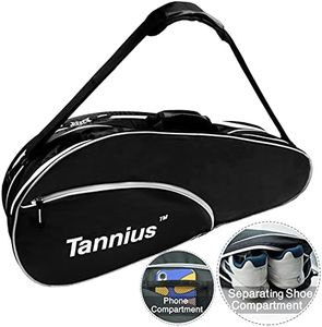 Tannius 3-5 Racket Tennis Bag, with Shoe & Phone Compartment and Protective Pad, Super Roomy and Lightweight Racquet Bag for Tennis, Badminton (Black)