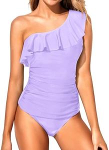 Yonique Women's Two Piece Swimsuits One Shoulder Tankini Tummy Control Bathing Suits Ruffle Swimwear Lavender L