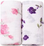 Margaux & May Muslin Swaddle Blankets 2 Pack - Large 47x47 Inches, Breathable Baby Blankets, Pink Purple Flowers - Newborn Essentials Must Haves