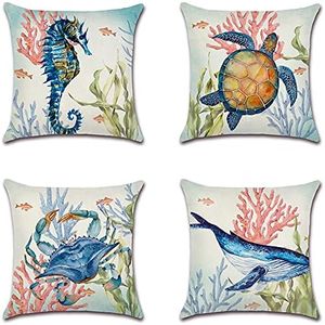 Artscope Set of 4 Waterproof Throw Pillow Covers 18x18 Inches, Marine Life and Pink Coral Pattern Decorative Cushion Covers, Perfect to Outdoor Patio Garden Living Room Sofa Farmhouse Decor