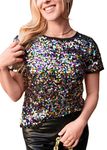 Anna-Kaci Women's Sparkly Full Sequin Top Short Sleeve Light Weight Shimmer Concert Party Disco Shirt Blouse, Multicolored, Medium