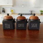 NEELAYA Tea, Sugar, Coffee storage container (Set of 3) with Airtight Lid and 3 Wooden Spoon | Microwave and Dishwasher Safe | Best for Kitchen Use (500 ml each, Ceramic, Black)